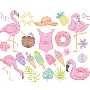 Watercolor PNG Summer party cliparts, Flamingo clip art bundle, Ice cream designs, Transparent backgrounds image, Downloadable digital files