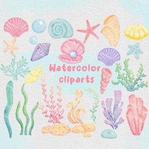 Aquarell Ozean png Clipart, Algen Unterwasser Clip Art, Wasserpflanzen Design, Seestern, Muschel, nautische Unterwasserwelt, Algenaquarium-Bundle