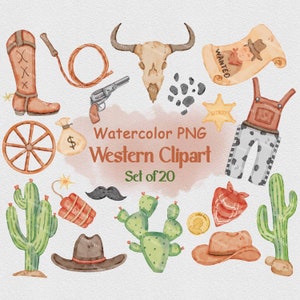 Clipart cowboy aquarelle, images du désert, illustrations du Far West, dessins occidentaux, cactus PNG, clipart selle, pack de fond transparent