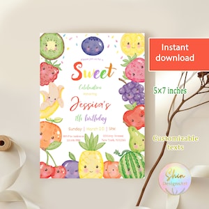 Personalisierte Kawaii Frutti Geburtstagseinladung, fruchtige Party für Kinder, druckbare Geburtstagskarte zum Tropischen Sommer, Frucht elektronische Telefoneinladung