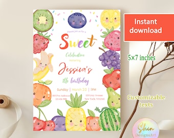Personalized Kawaii Fruit Birthday Invitation: Tropical Summer Party (Digital Download)