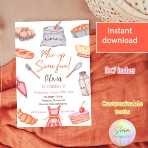 Carte d'invitation à une fête de pâtisserie, fête d'anniversaire de cuisine personnalisée, invitation d'un chef pour enfant, fête du 9e anniversaire, thème de la cuisine, fête de fille