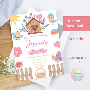 Cartão de convite de primavera personalizado, 8º aniversário de menina de flores silvestres, festa de aniversário de jardim, download digital, modelo Canva fácil de editar