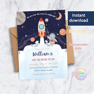 Convite de aniversário espacial exclusivo, cartão de aniversário de astronauta, modelo de espaço sideral, convite sobre a lua, festa de menino, primeira viagem ao redor do sol