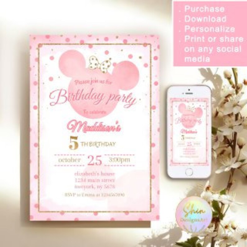 Pink Minnie Mouse 5th Birthday Invitation: Glitter Girl Party (PDF ...