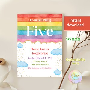 Modelo de convite de aniversário arco-íris personalizado, festa arco-íris de qualquer gênero/idade, convite colorido e dourado, nuvens brilhantes, 5º cartão exclusivo