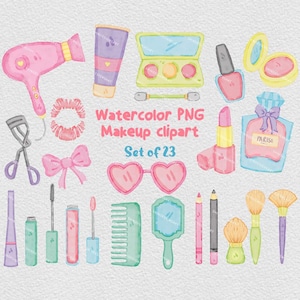 Clipart di trucco ad acquerello, cosmetici di bellezza per ragazze rosa carine PNG, mascara, rossetto, smalto per unghie, grafica per feste di fard, file di taglio, creazione di biglietti