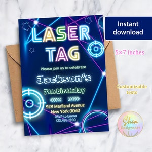 Bewerkbare Laser Tag verjaardagsuitnodiging, digitale download, lasertag uitnodiging, elke leeftijdsfeestsjabloon, Canva-kaart, Neon party aankondigingskaart