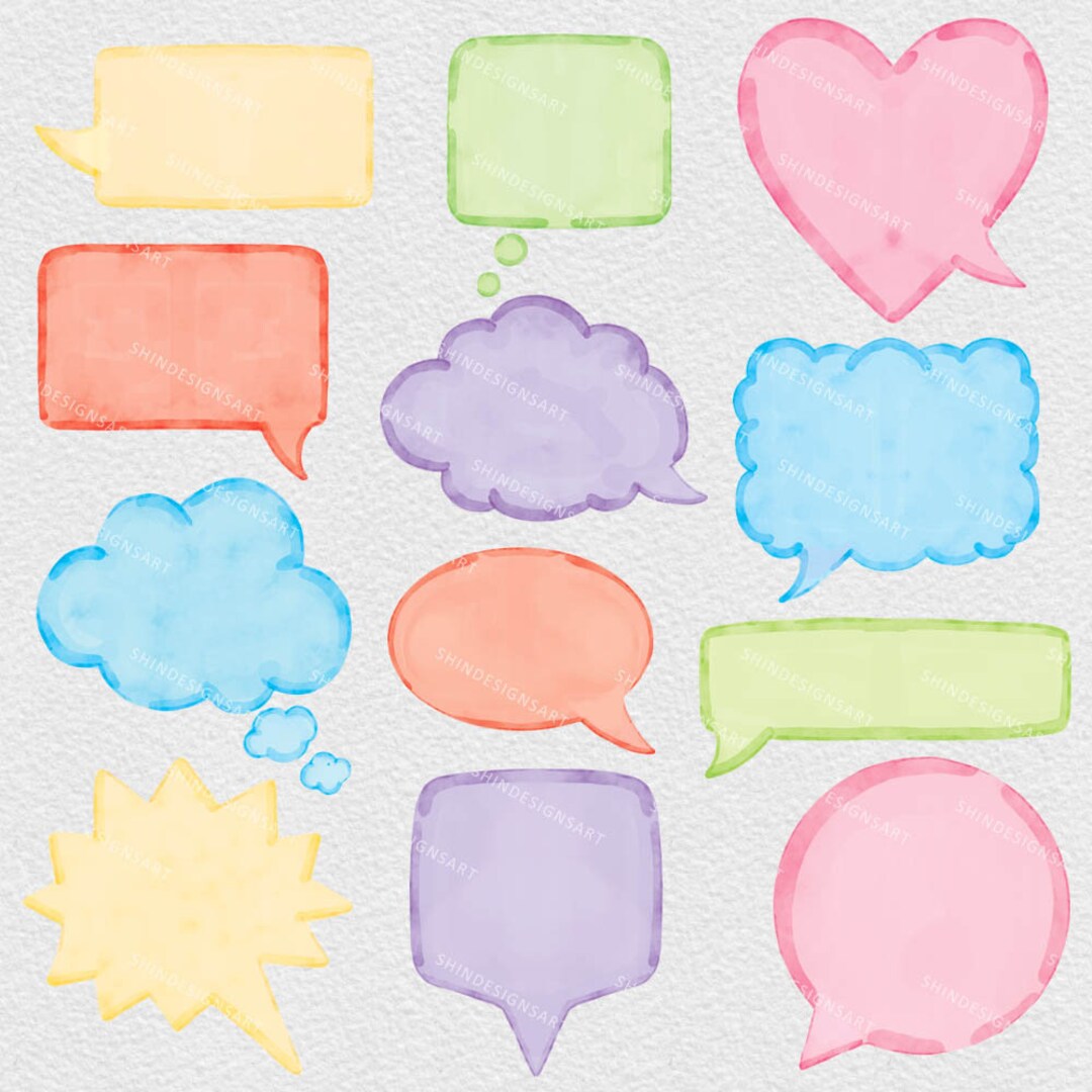 Watercolor Speech Bubbles Clipart: Hand-drawn PNG Graphics (digital ...