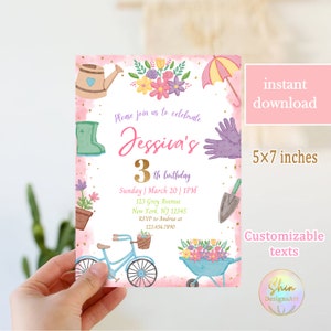 Gardening Birthday Invitation card, Spring summer Party Invite, Farmers Market template, Girl Celebration design, Editable Instant Download