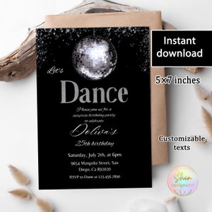 Glitter Dance, Einladungskarte, Minimal Geburtstagsparty Vorlage, Silber Schwarz Farbe Thema, Party Globus, 25.Geburtstag, sofort Download