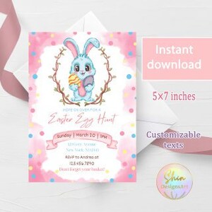 イースターエッグハント招待状、デジタルイースターお祝いテンプレートのダウンロード、バニーエッグディナーパーティー招待状、卵にペイント、イースターブランチ