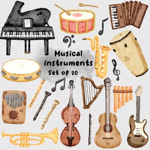 Watercolor Musical Instruments Clipart,  Orchestra art, png Instant Download, Brass clip art, Woodwind, Trumpet, Guitar, Piano, music bundle
