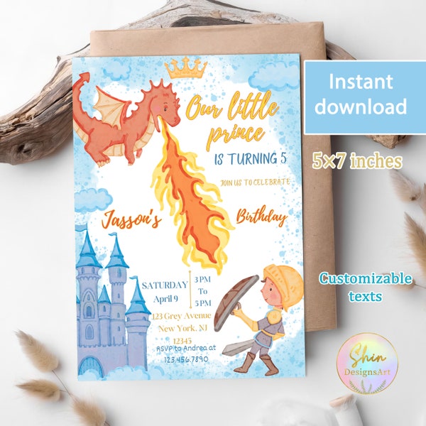 Dragon Prince Birthday Invite, Little Prince Party Supplies, Editable Mythical Kingdom Evite, Printable Boys 5th Birthday Party, blue card