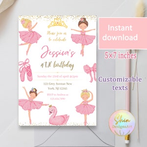 Ballerina Birthday Invitation card , Editable Ballet Girl Party Invite, Canva Template, Gold Pink Tutu invites, Electronic Kids Dance Party