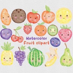 Paquete de imágenes prediseñadas de frutas bonitas de acuarela, Imágenes PNG de frutas kawaii, Guardería infantil, Diseños de tela para niños, Imágenes prediseñadas de fondo transparente