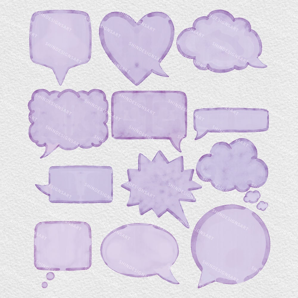 Watercolor Speech Bubbles Clipart: Hand-drawn PNG Graphics (digital ...