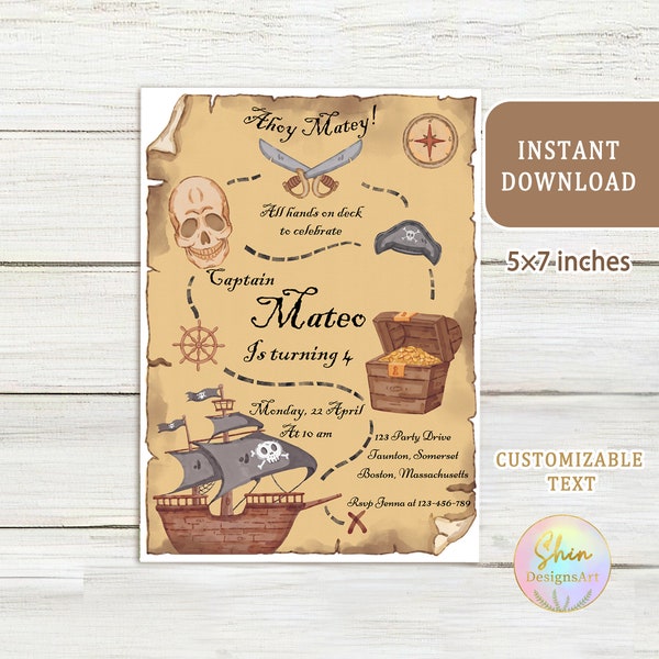 Pirate birthday invitation card, Boy birthday pirate theme, Canva editable template, Ahoy Mateys digital invite, printable treasure map card