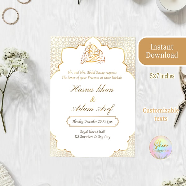 Gold Islamic Wedding Invitation Template, Printable Nikkah Invitation, Digital Muslim Wedding invites, Instant Download, Easy editable card