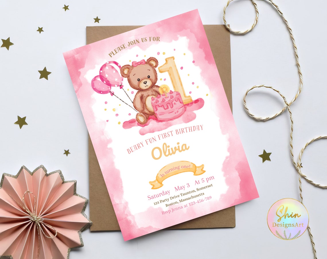 Pink Bear Birthday Party Invitation, First 1st Baby Girl Birthday ...
