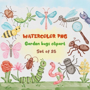 watercolor garden bugs clipart bundle, Cue little insects designs, transparent background clip art set, World of bugs, lady bug, worms, ant