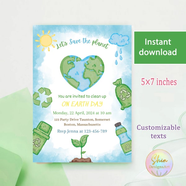 Editable Earth Day invitation card, let's save the planet, Watercolor Happy Earth Day greeting card, Digital social media invite, clean up