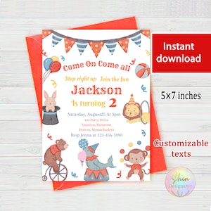 Invito di compleanno di carnevale, biglietto per festa di compleanno del circo, modello di carnevale rosso di qualsiasi genere, invito modificabile di qualsiasi età, biglietto carino di alta qualità