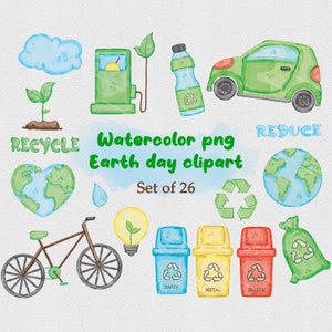 Earth Day Clipart Bundle, transparente Hintergrundbilder, Aquarell Recycling Clip Art Illustrationen, grüne Erde, Wasser, Müll PNG-Format