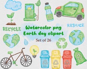 Watercolor Earth Day Clipart Bundle: Recycling Illustrations (PNG)