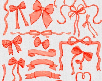 Watercolor Red Ribbon & Bow Clipart: Banner Graphics (PNG Digital Download)