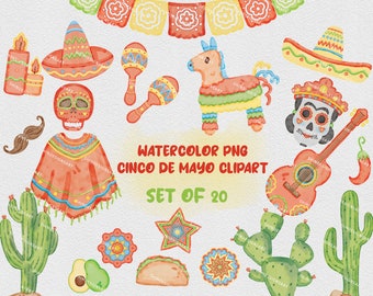 Cinco de Mayo Watercolor Clipart Bundle: Fiesta Party Design (PNG)