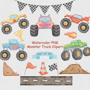 Paquete de imágenes prediseñadas de camiones monstruo, diseños de ruedas grandes, decoración de guardería con acuarela, imágenes prediseñadas de camiones para bebés, formato PNG de vehículos monstruo, autos grandes
