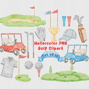 水彩ゴルフ クリップアート、ゴルフ カート スティック ボール、スポーツ クリップアート デザイン、昇華 PNG、印刷可能なプランナー ステッカー、ゴルフ クラブ、トロフィー画像