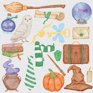 Clipart école de magie aquarelle, fournitures de sorcière, clipart Green Wizard Academy, baguettes, manche à balai, potions, clés, images png pour invitation