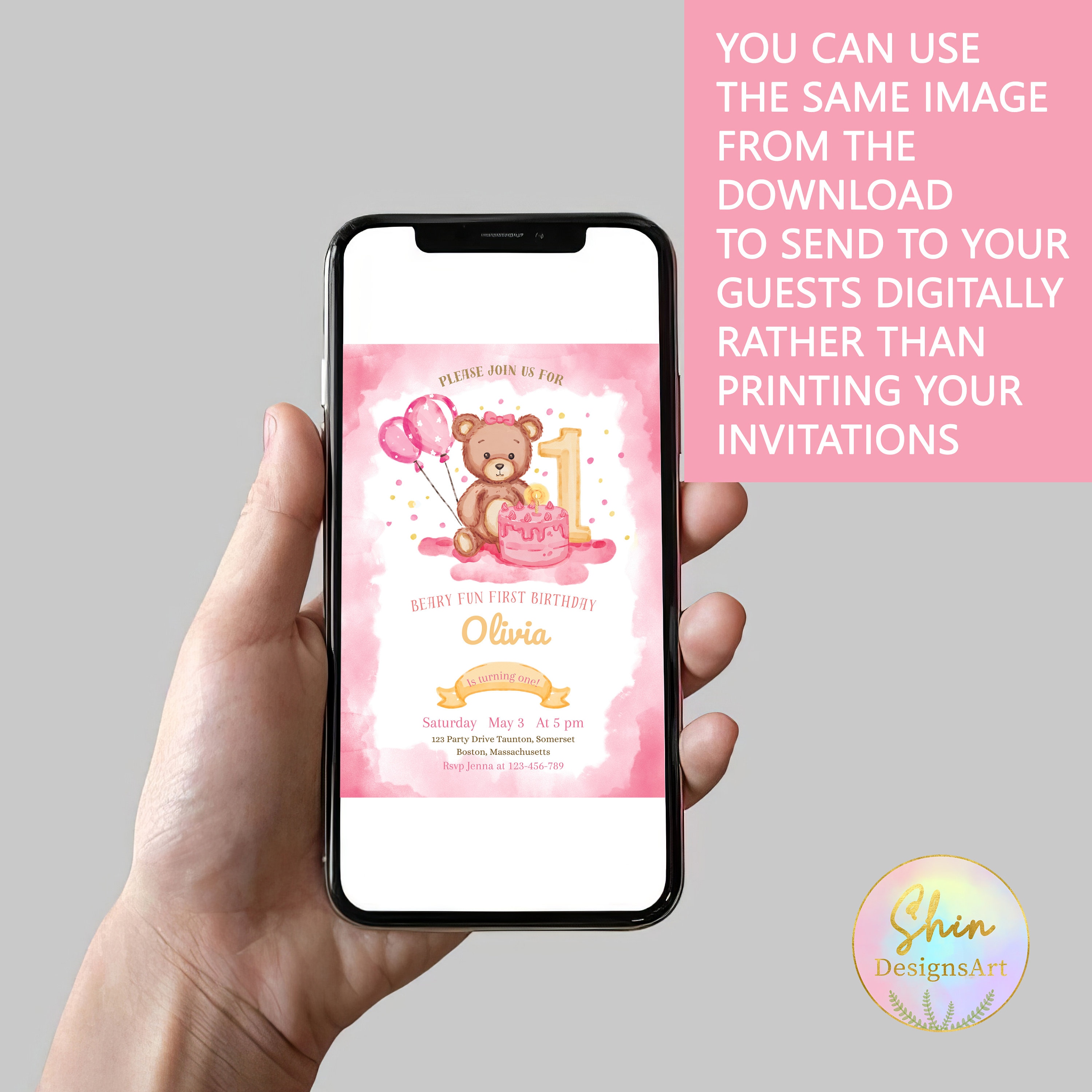 Pink Bear Birthday Party Invitation, First 1st Baby Girl Birthday ...