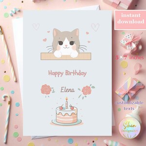 carte numérique dessinée à la main, 1e carte imprimable, cadeau d'anniversaire pour enfants, design numérique de chat, carte douce pour elle