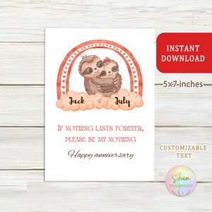 Gepersonaliseerde luiaard jubileumkaart, romantische wenskaart, Canva bewerkbare tekst, luiaard knuffelsjabloon, rood hart regenboog, leuk en grappig