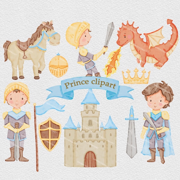 Watercolor knight clipart bundle, Instant download digital clip art, High resolution prince theme, transparent background, boy png Castle