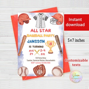 Invitation d'anniversaire de baseball aquarelle, carte d'invitation balle molle, invitations de fête du 5e anniversaire, modèle de toile personnalisable, thème sport garçon