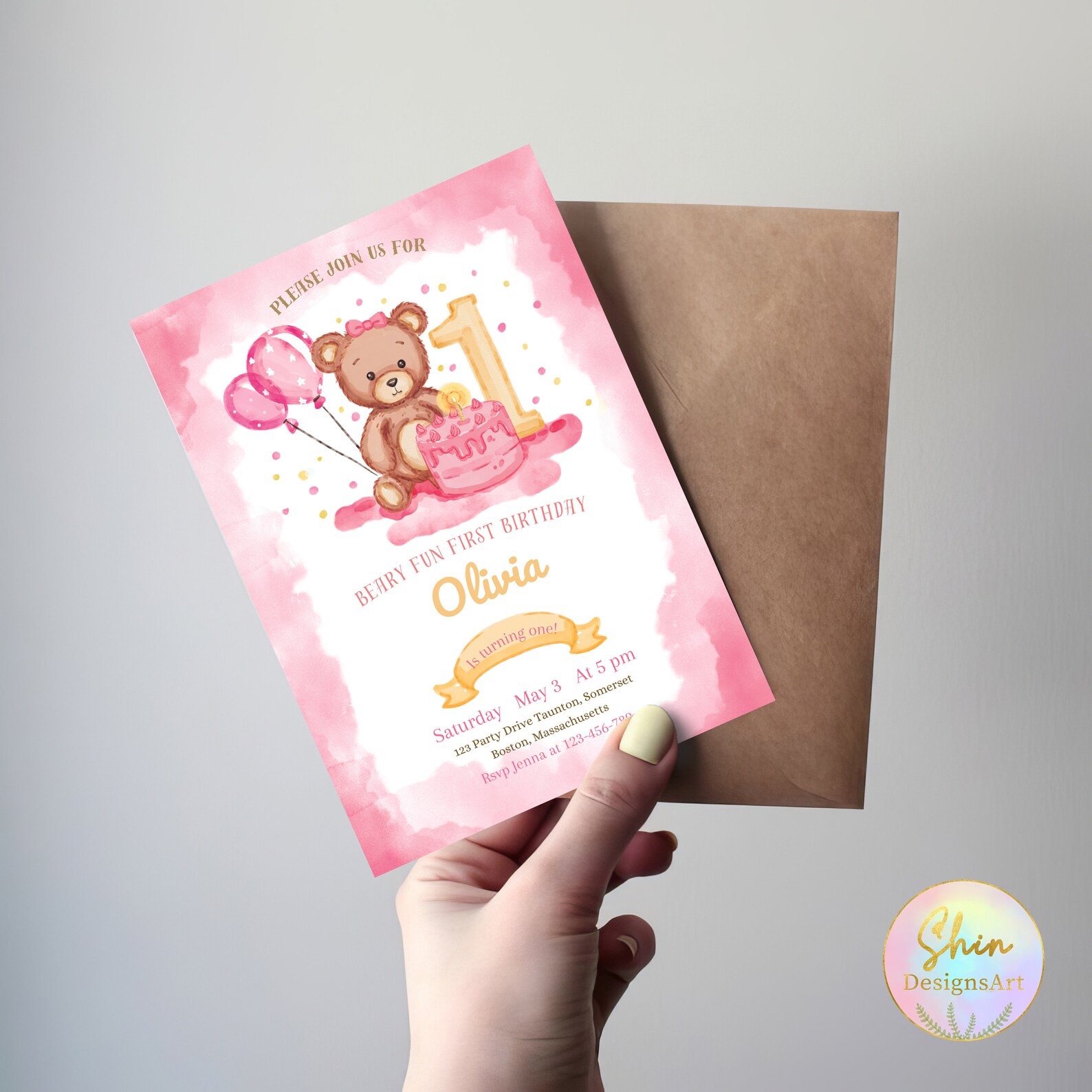 Pink Bear Birthday Party Invitation, First 1st Baby Girl Birthday ...