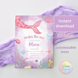 人魚物語の誕生日招待カード、7歳の誕生日パーティー、海中のテンプレート、海のパーティーテーマ、デジタルガールの招待、即時ダウンロード