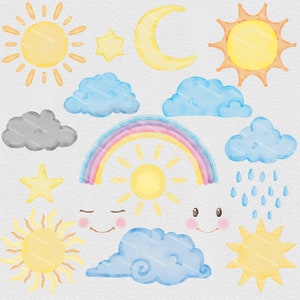 Aquarelle soleil, lune, nuage des cliparts, PNG météo Clip art décoration de haute qualité pour chambre d'enfant, images numériques haute résolution imprimables, créations en papier