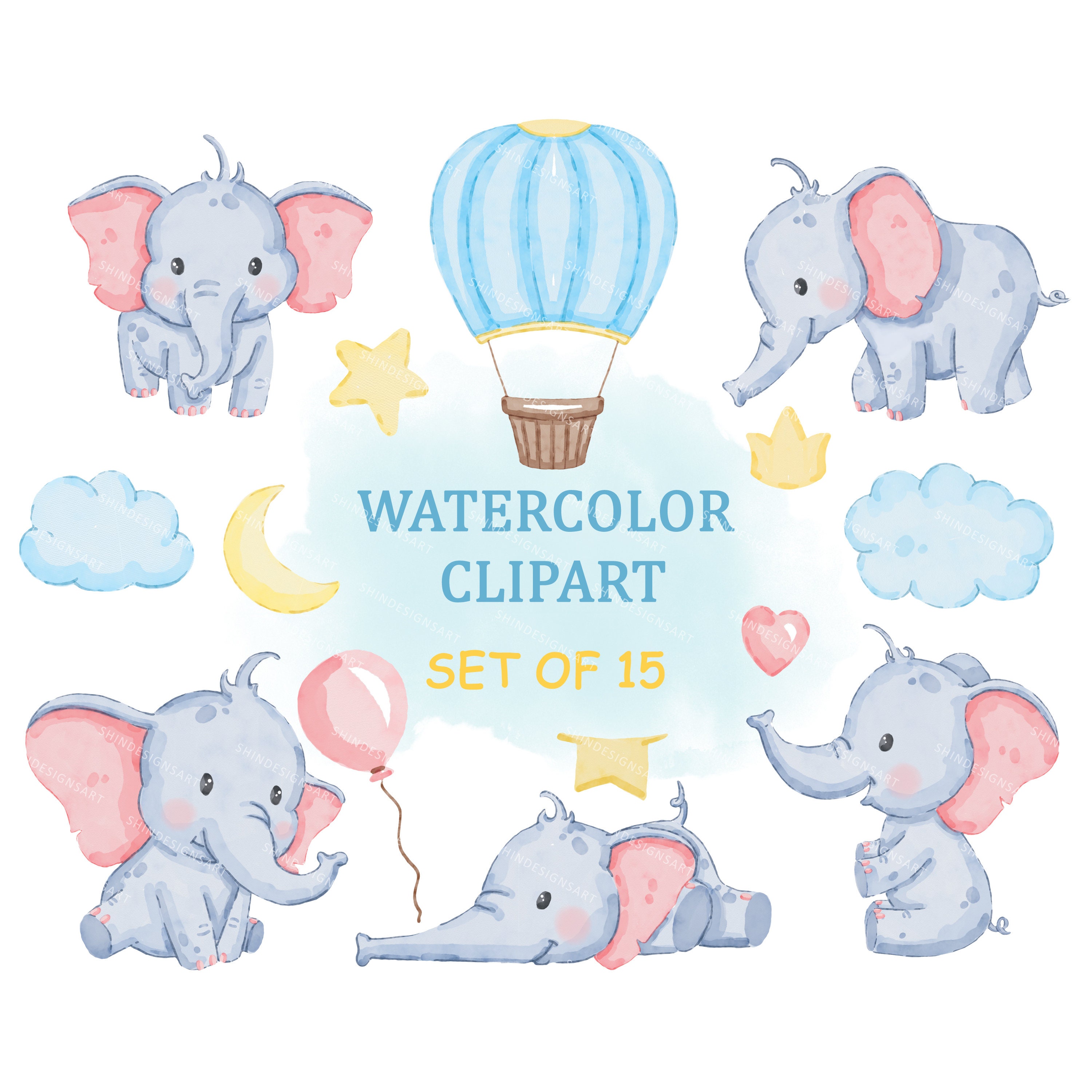 PNG Watercolor Elephant Clipart, Printable Clip Art Set, Transparent ...