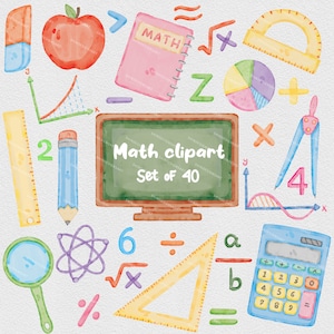Watercolor Math clipart bundle, math school clip art, School Supplies images for Student scrapbooking, Teacher PNG graphics, Colorful Design