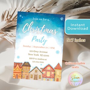 Aquarell Einladung zur Weihnachtsfeier: Schneenacht, Festliche Häuser (PDF Vorlage)
