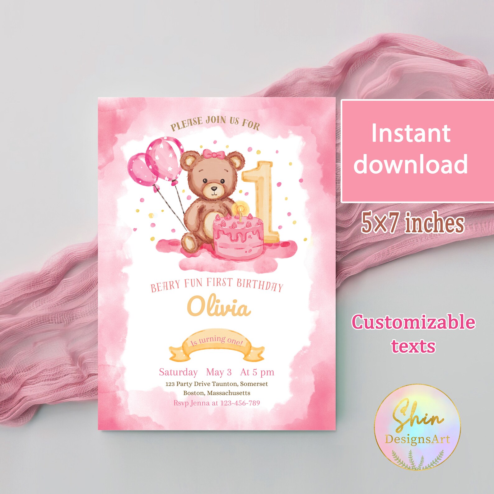 Pink Bear Birthday Party Invitation, First 1st Baby Girl Birthday ...