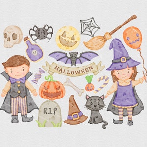 Cute Halloween Clipart Bundle, Watercolor Happy Halloween Clip Art, Spooky PNG, Ghost, Printable Pumpkin Graphic, digital Witch illustration