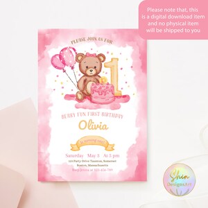 Pink Bear Birthday Party Invitation, First 1st Baby Girl Birthday ...