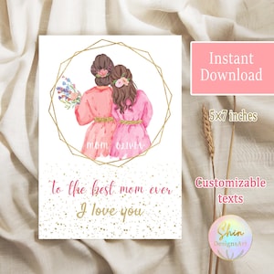 Aanpasbare Happy Mother's Day Card, met liefde voor mijn moeder sjabloon, afdrukbaar cadeau voor mama's dag, aquarel bloem voor mama, beste moeder ooit