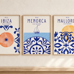 Ibiza Mallorca Menorca Poster Set of 3, Balearic Islands Wall Art, Spanish Tile Prints, Mediterranean Decor, Printable Digital Download